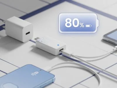 USB hardware charge limiter dongle capping charge at 80% for a phone and tablet