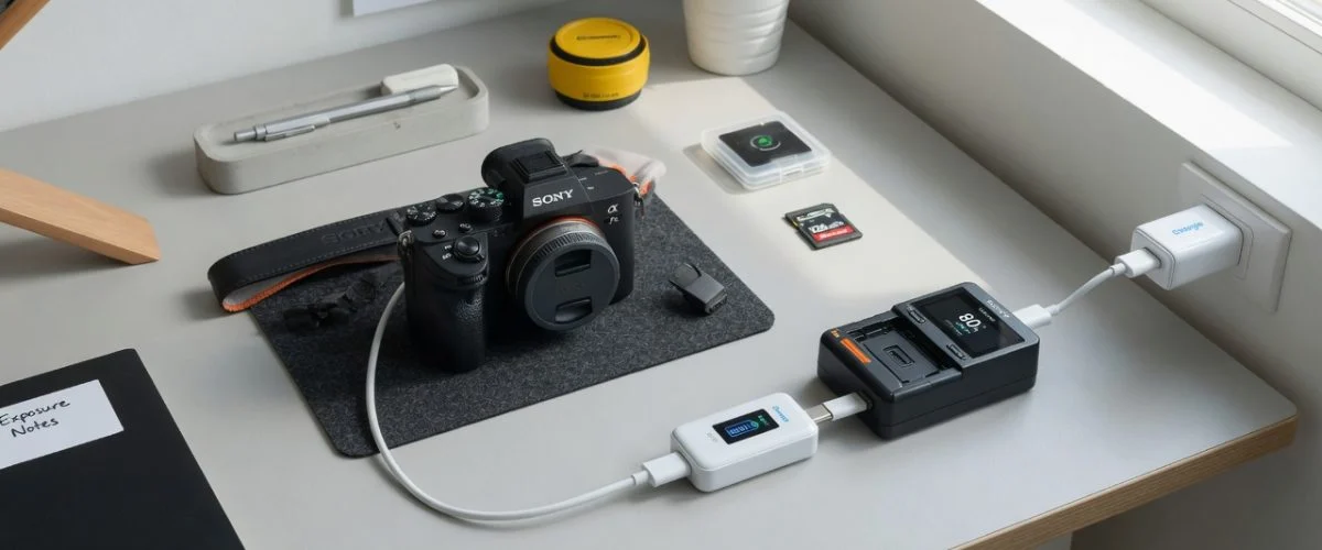 Photographer's desk with Sony mirrorless camera, USB-C charger, and Chargie charge limiter device limiting camera battery to 80%