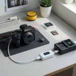 Photographer's desk with Sony mirrorless camera, USB-C charger, and Chargie charge limiter device limiting camera battery to 80%