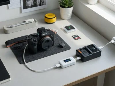 Photographer's desk with Sony mirrorless camera, USB-C charger, and Chargie charge limiter device limiting camera battery to 80%