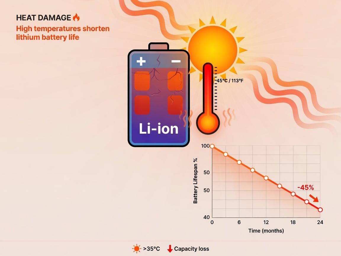 Illustration of a lithium battery in the hot sun with a rising thermometer and a downward battery-lifespan graph