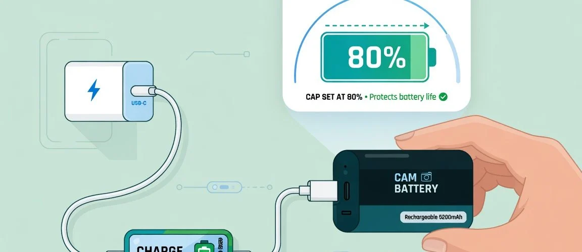 Hand plugging a removable security-camera battery pack into a USB-C charger with an inline charge limiter set to an 80 percent cap