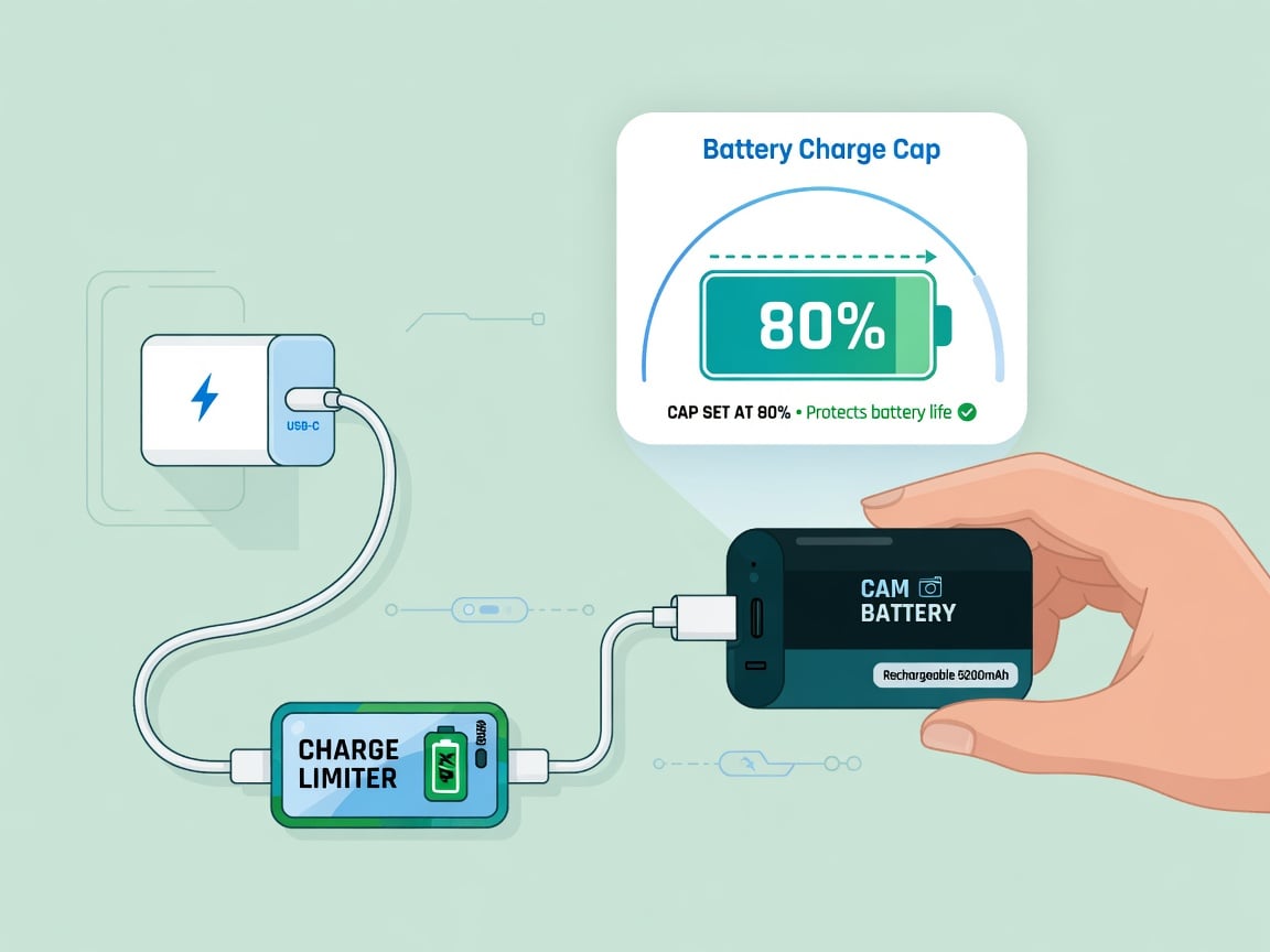 Hand plugging a removable security-camera battery pack into a USB-C charger with an inline charge limiter set to an 80 percent cap