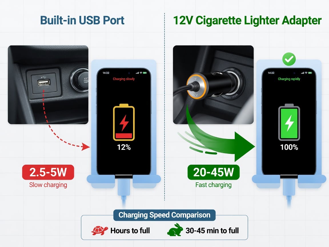 Comparison diagram showing power output difference between car USB port and 12V PD charger