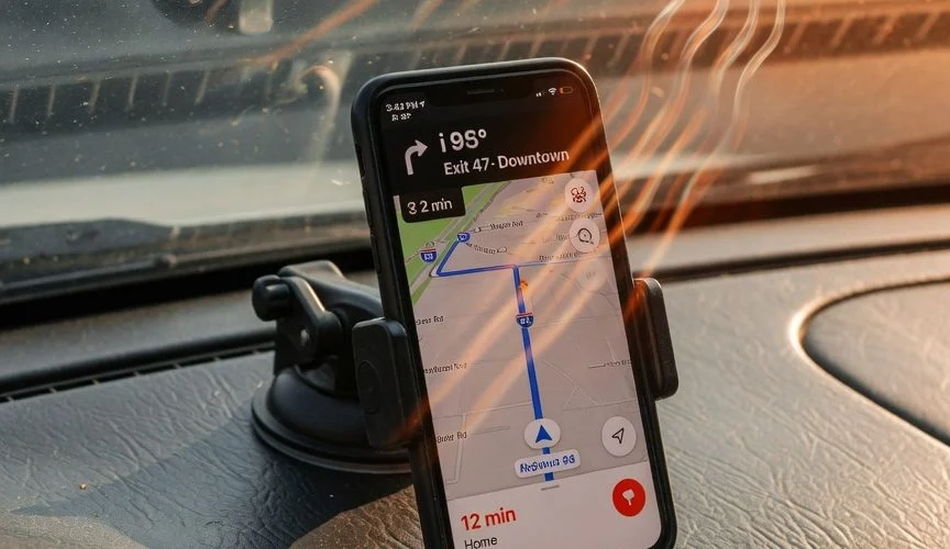 Smartphone mounted on a hot car dashboard running navigation with visible heat shimmer
