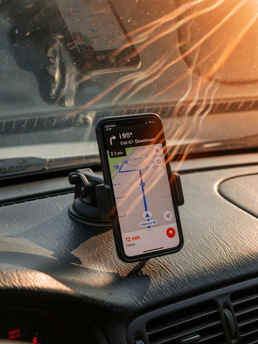 Phone mounted on hot car dashboard running Android Auto with visible heat shimmer