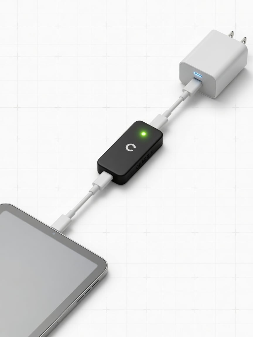Chargie USB-C hardware charge limiter plugged in between a wall charger and a tablet with a green LED indicator