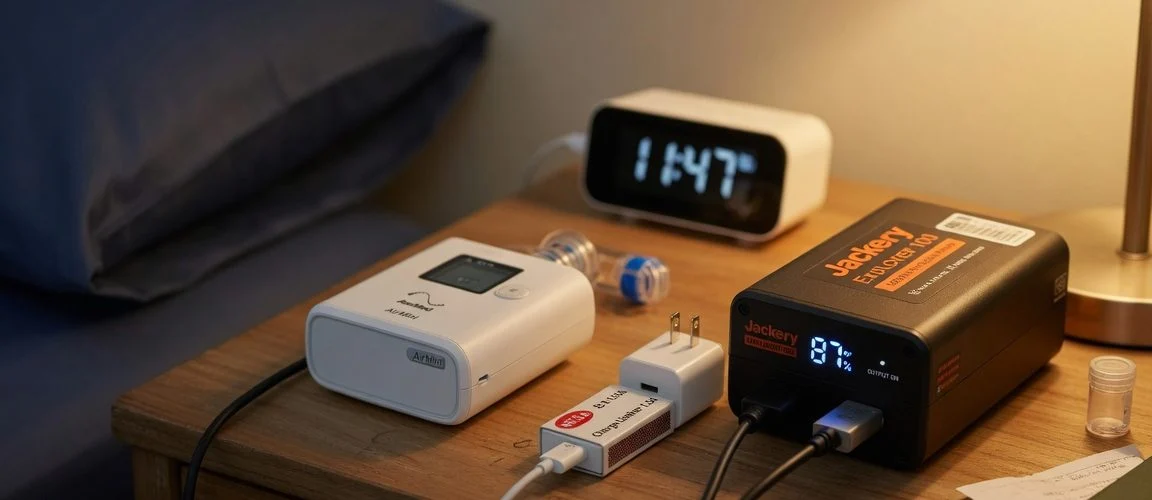 Travel CPAP machine and lithium-ion battery pack on a nightstand with a USB charge limiter plugged in between the wall charger and battery cable