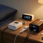Travel CPAP machine and lithium-ion battery pack on a nightstand with a USB charge limiter plugged in between the wall charger and battery cable
