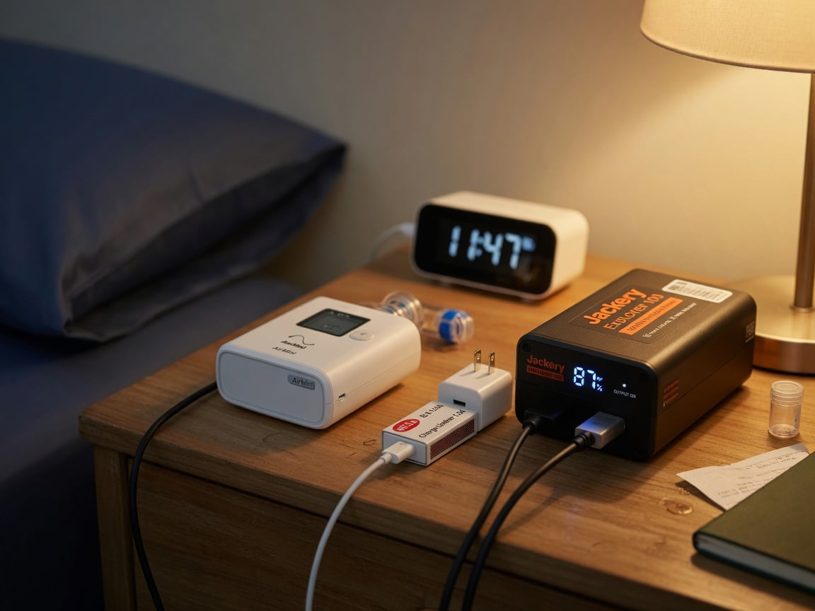 Travel CPAP machine and battery pack on a nightstand next to a Chargie USB charge limiter
