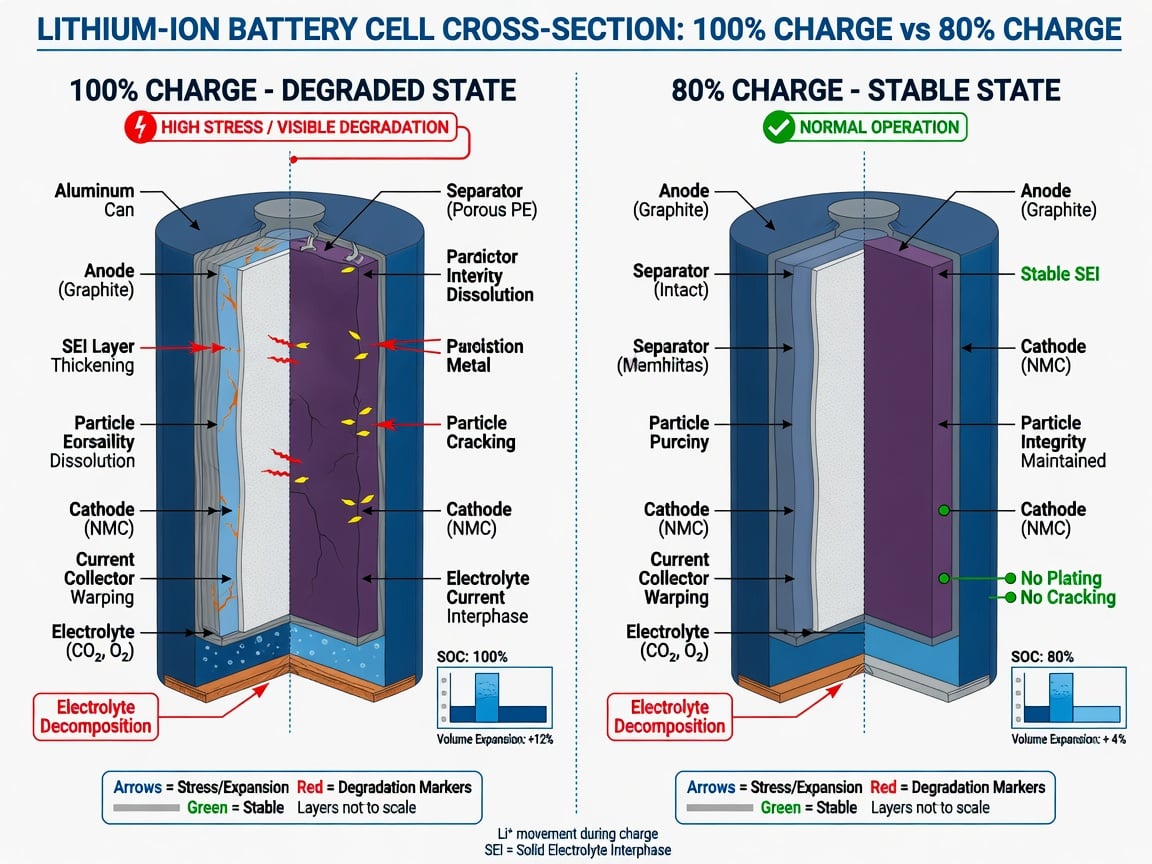 Diagram comparing a lithium-ion cell stored at 100 percent charge versus 80 percent charge, showing accelerated degradation at full charge