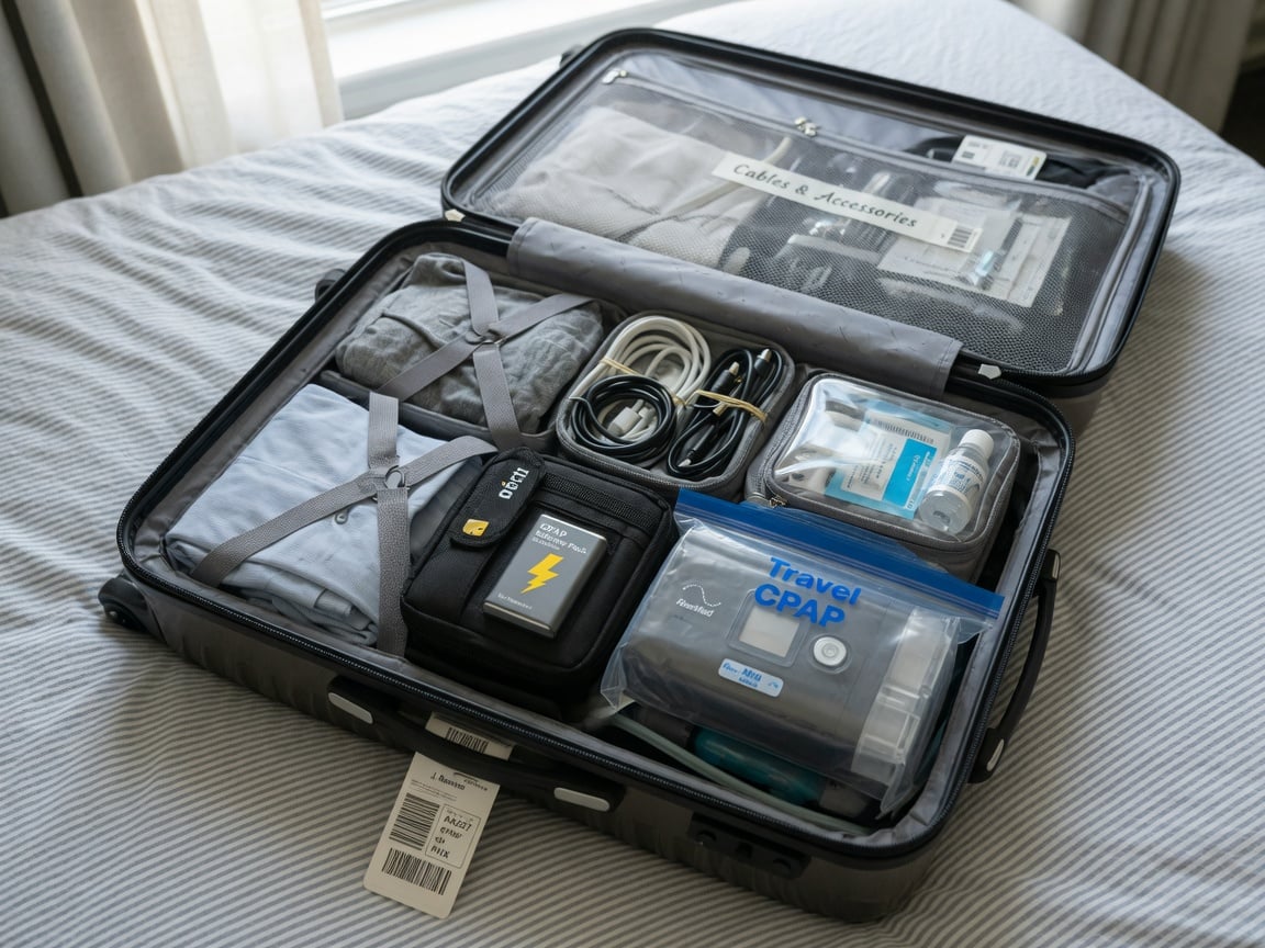 Travel CPAP battery pack packed in a suitcase alongside a CPAP machine for a flight