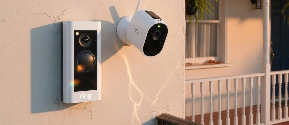 White video doorbell and wire-free security camera mounted on a sunlit house wall in direct afternoon sun