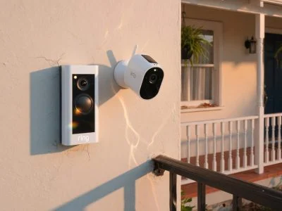 White video doorbell and wire-free security camera mounted on a sunlit house wall in direct afternoon sun