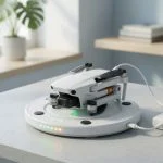 White consumer drone quadcopter resting on a charging dock with USB-C cable connected