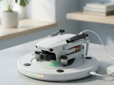 White consumer drone quadcopter resting on a charging dock with USB-C cable connected