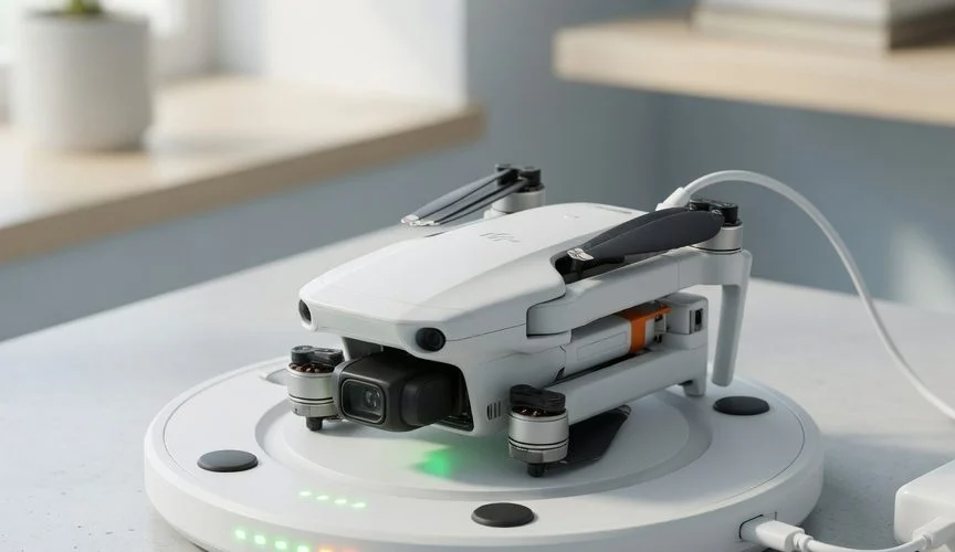 White consumer drone quadcopter resting on a charging dock with USB-C cable connected