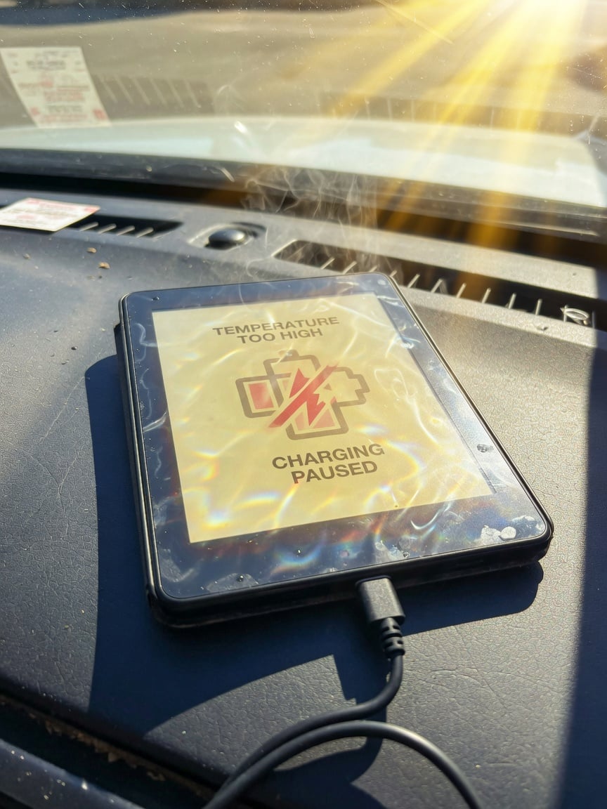 An e-reader tablet left on a car dashboard in direct sunlight, illustrating the heat-plus-full-charge combination that accelerates battery capacity loss