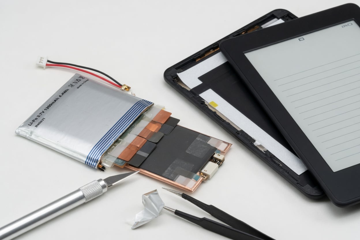 Close-up of a small lithium polymer pouch battery cell next to an e-reader tablet, illustrating the LiPo chemistry inside Kindle and Kobo devices