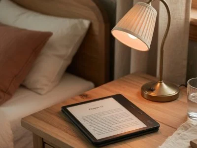 A Kindle-style e-reader resting on a wooden nightstand next to a lamp, showing weeks-long battery life in everyday use