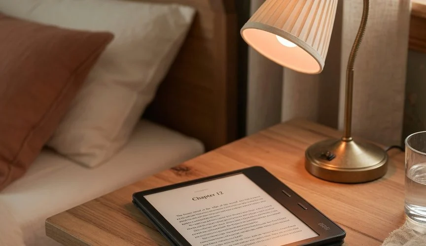 A Kindle-style e-reader resting on a wooden nightstand next to a lamp, showing weeks-long battery life in everyday use
