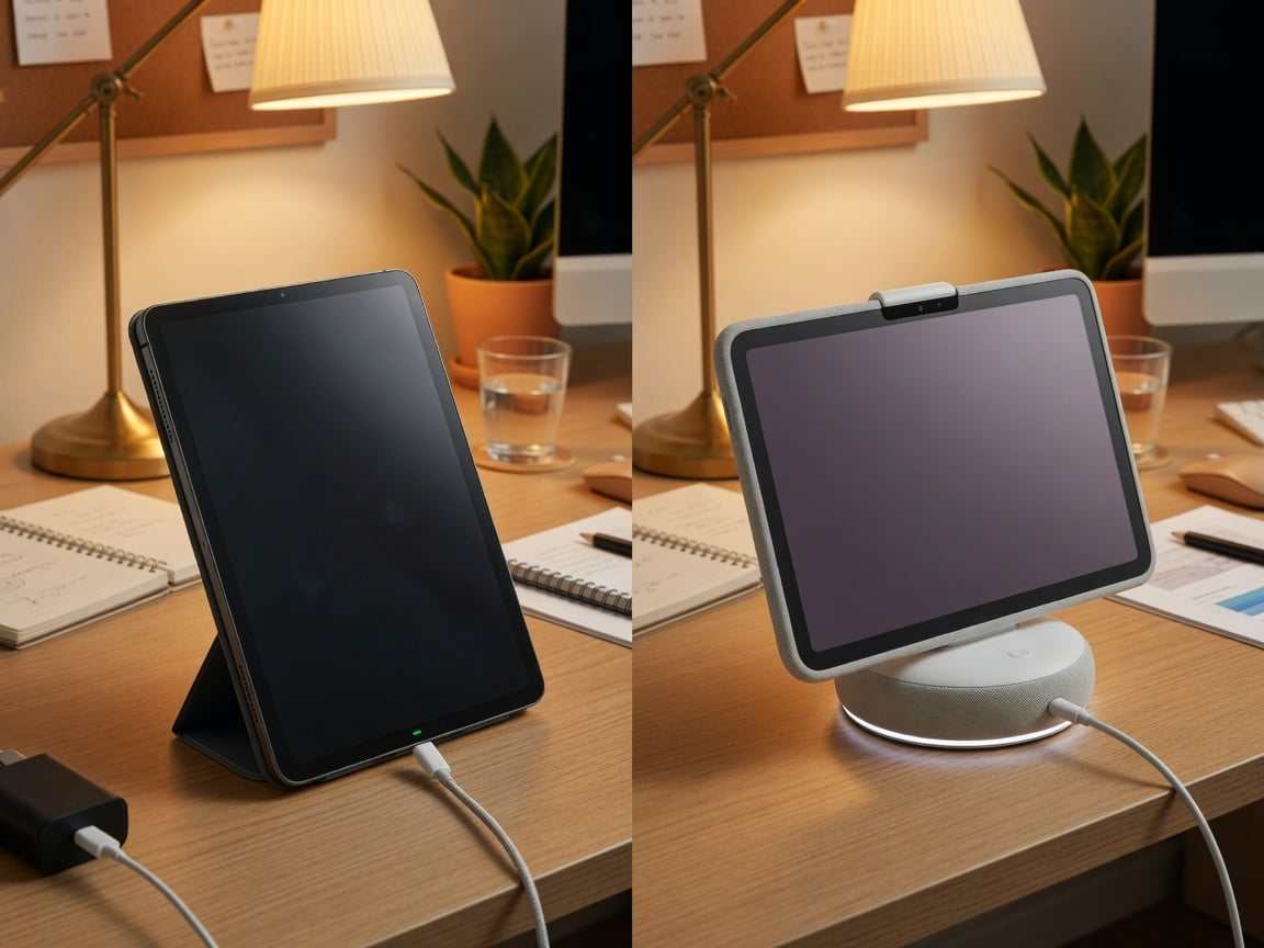 Samsung Galaxy Tab and Google Pixel Tablet on its charging speaker dock side by side, comparing Android tablet charging habits