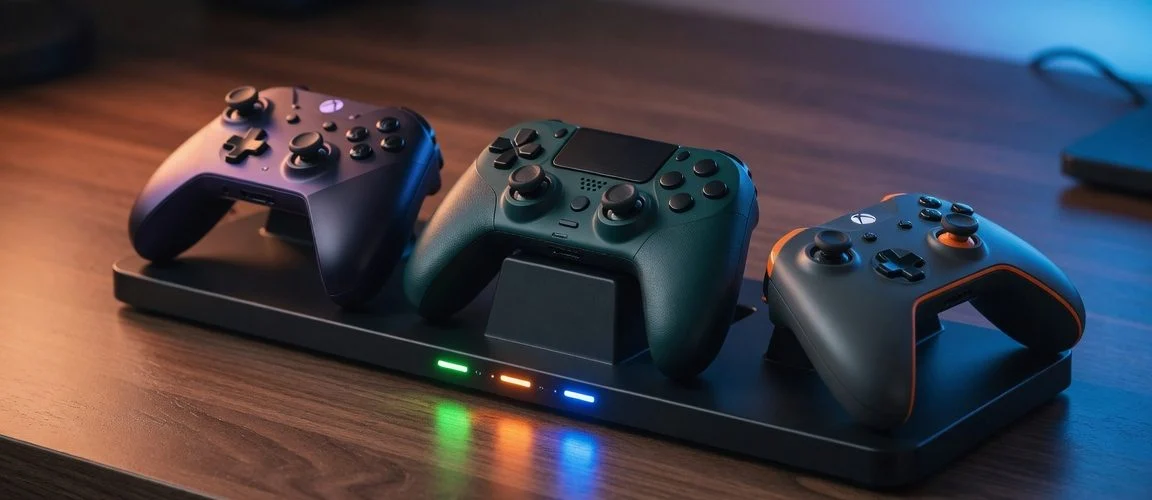 Three modern wireless game controllers resting on a charging dock at night with glowing LED indicator lights