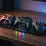 Three modern wireless game controllers resting on a charging dock at night with glowing LED indicator lights