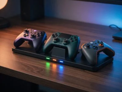 Three modern wireless game controllers resting on a charging dock at night with glowing LED indicator lights