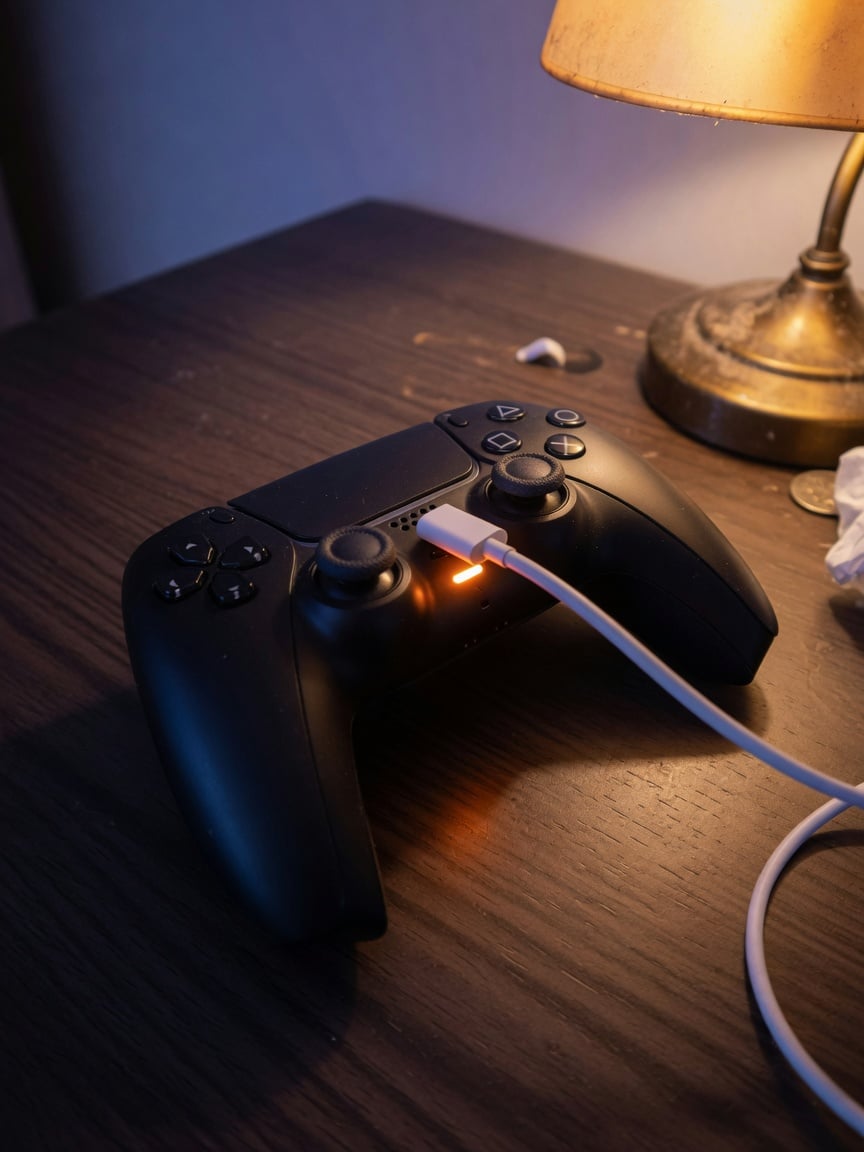 A small white USB-C hardware charge limiter connected inline between a wall charger and a controller charging cable, controlling how long the controller stays powered at full charge
