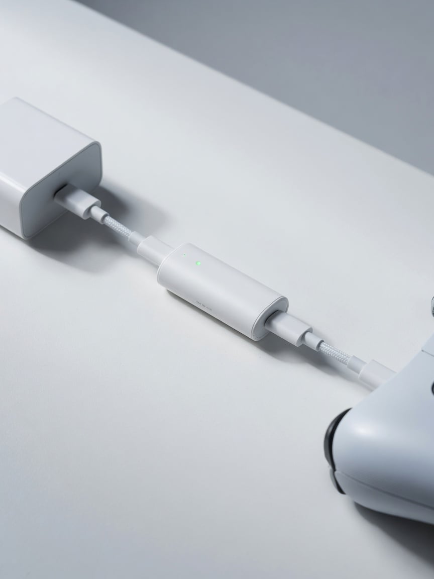 A single game controller plugged into a USB-C cable overnight with its charge light solid on, illustrating the always-plugged-in charging habit that stresses lithium batteries