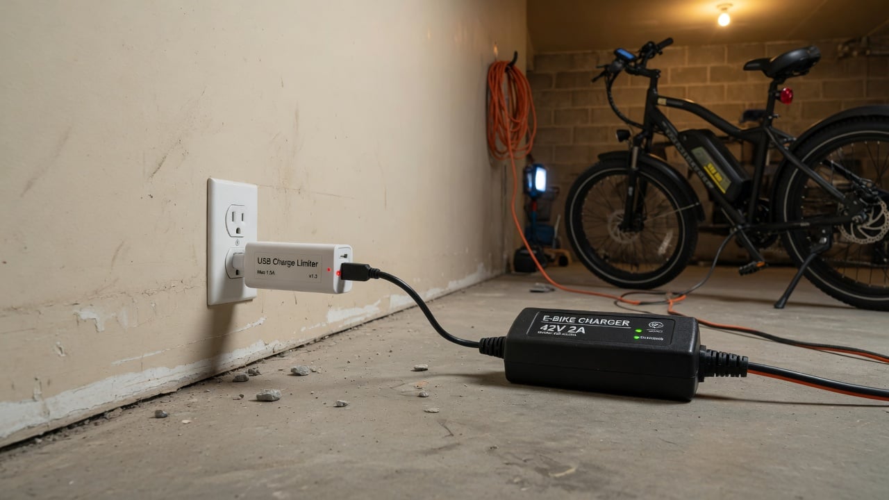 A small hardware USB charge limiter plugged between a wall outlet and an e-bike charger brick, sitting on a garage floor with the e-bike visible in the background