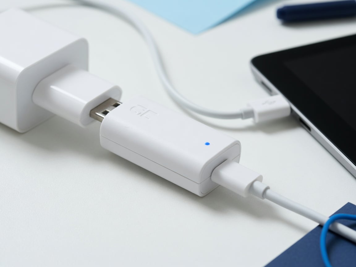 Chargie USB hardware charge limiter plugged in between a wall charger and a device, capping the charge at 80% at the port