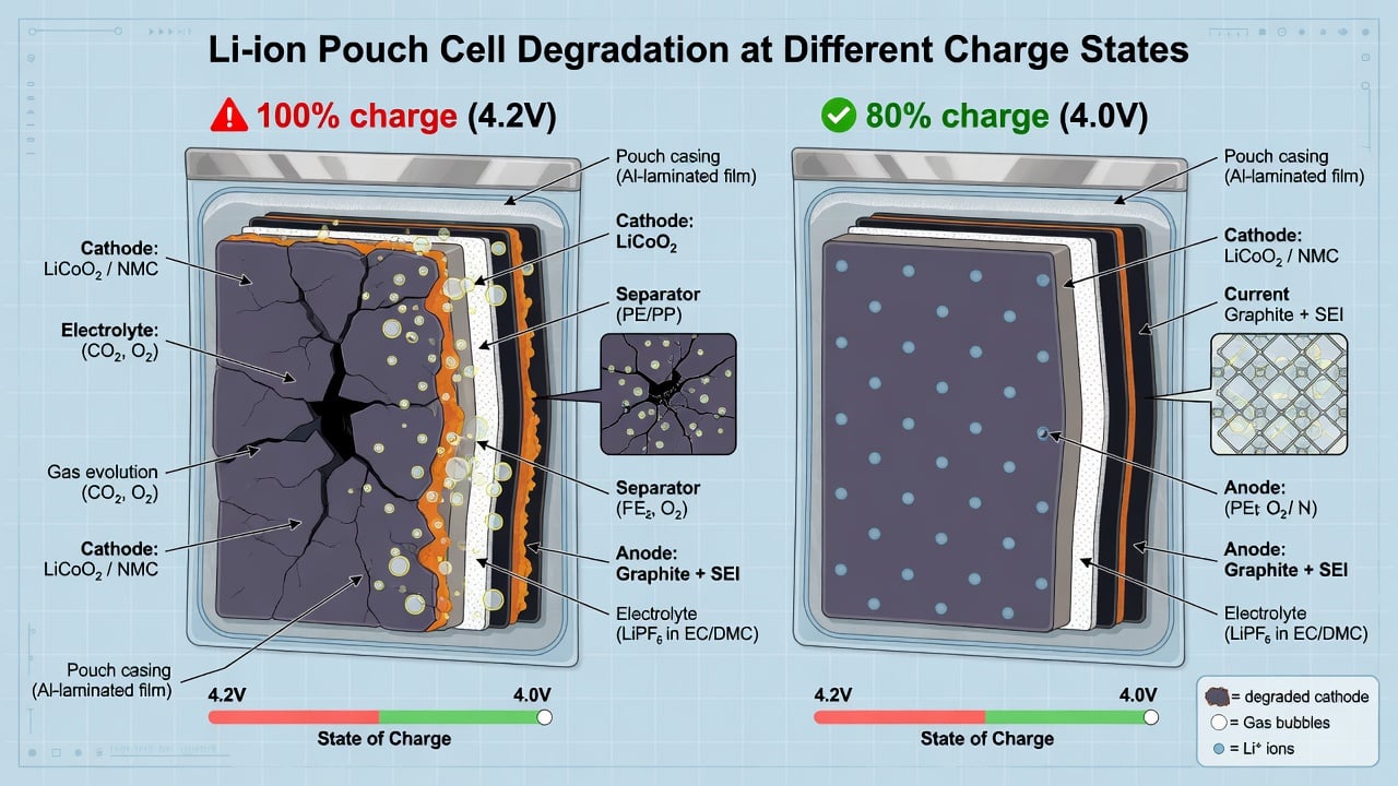 Scientific cross-section diagram comparing Li-ion camera battery degradation at 100% charge (4.2V) vs healthy cell at 80% charge (4.0V)