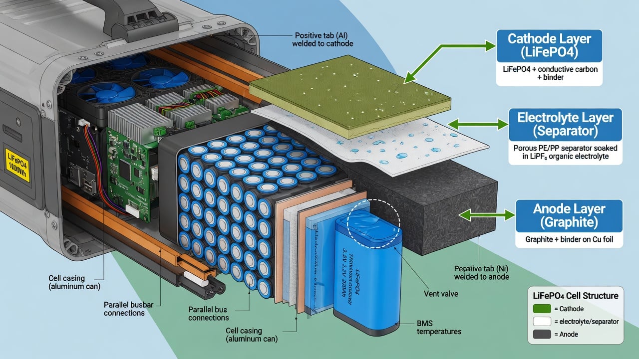 Cross-section diagram showing the inside of a portable power station with LiFePO4 battery cells arranged in a grid, with labels pointing to cathode, anode, and electrolyte layers