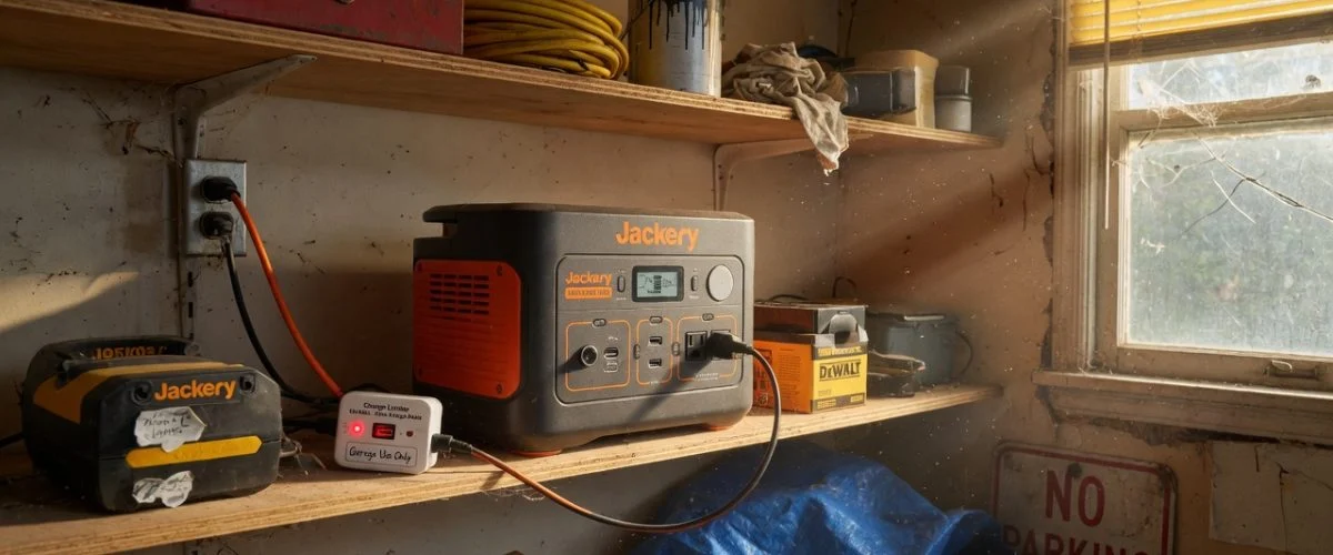 A Jackery-style portable power station sitting on a garage shelf, plugged into a wall charger with a small USB charge limiter device visible between the charger and the power station