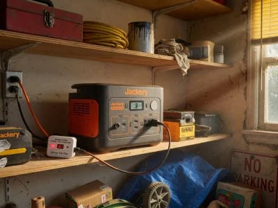 A Jackery-style portable power station sitting on a garage shelf, plugged into a wall charger with a small USB charge limiter device visible between the charger and the power station