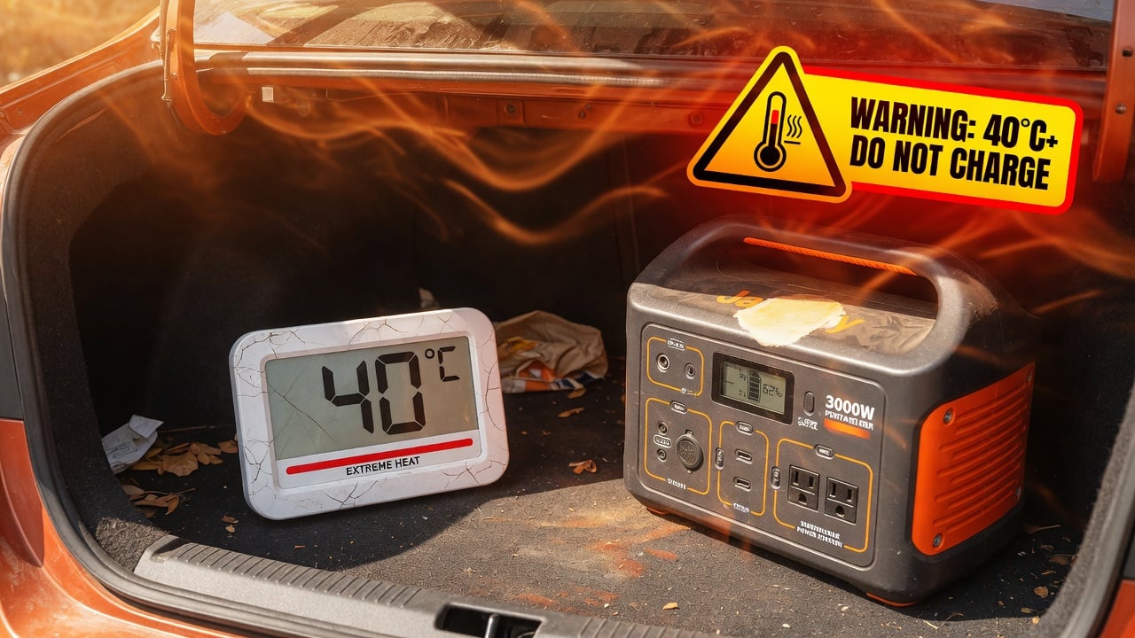 A thermometer showing 40 degrees Celsius next to a portable power station in a hot car trunk, with summer heat haze and warning icon overlay