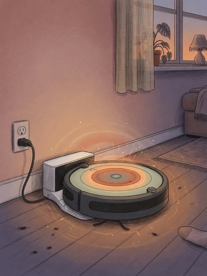 A robot vacuum left plugged in and idle on its charging dock with a warm heat glow around the battery, illustrating continuous trickle charging