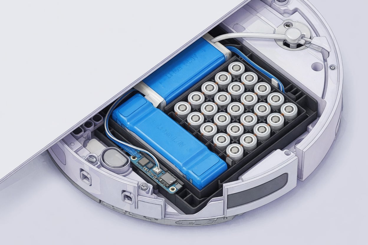 Cutaway illustration of a robot vacuum's lithium-ion battery pack showing cylindrical 18650 cells inside the chassis