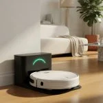 A modern robot vacuum charging on its dock in a bright living room, with a glowing battery indicator