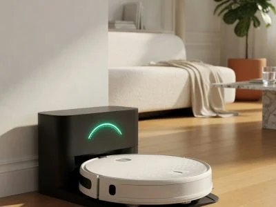 A modern robot vacuum charging on its dock in a bright living room, with a glowing battery indicator