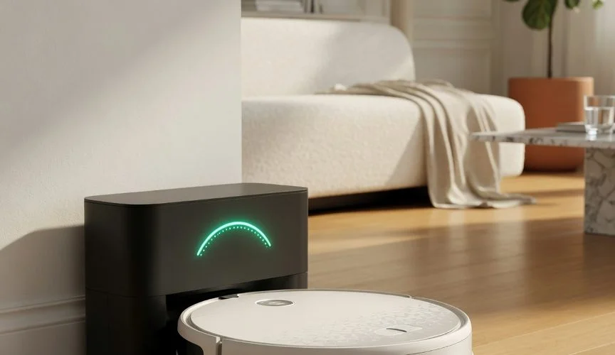 A modern robot vacuum charging on its dock in a bright living room, with a glowing battery indicator