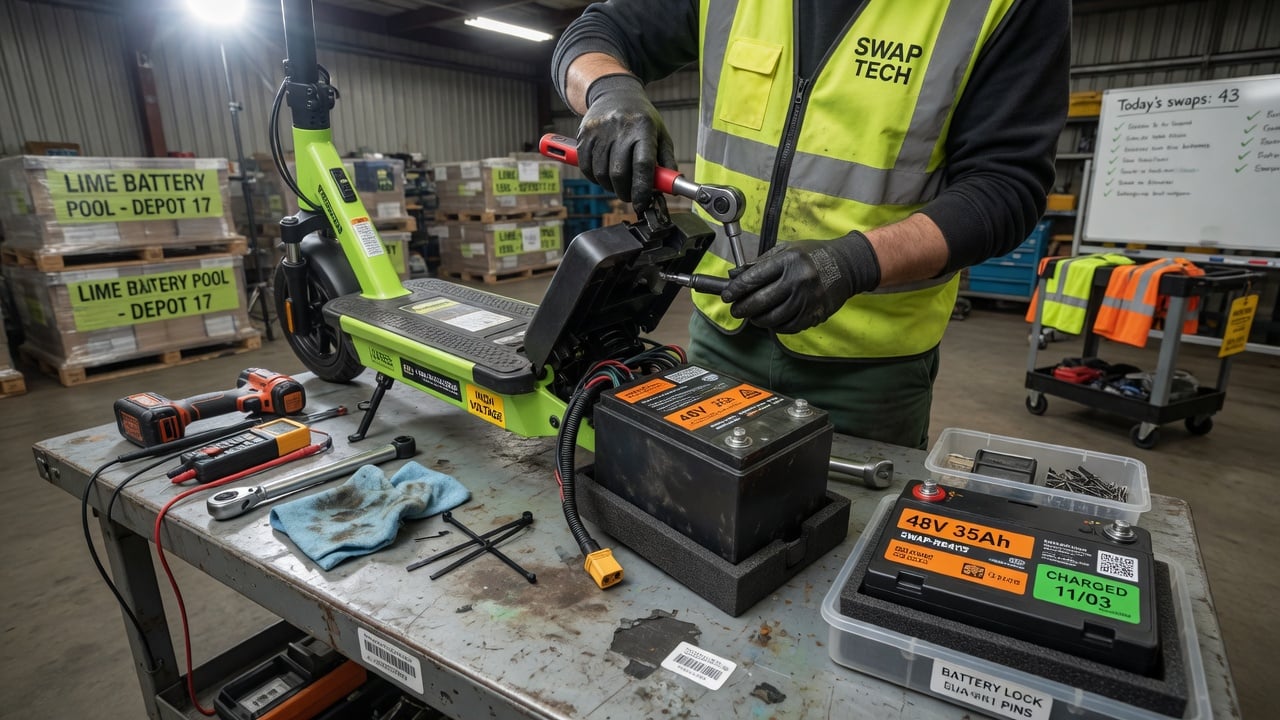 A close-up of a shared e-scooter battery compartment being swapped out by a technician in a high-visibility vest, with tools and a replacement battery pack nearby