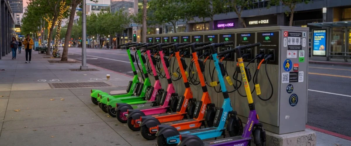 A row of brightly colored shared e-scooters lined up on a city sidewalk charging cabinet, each connected to a smart charger with cables visible