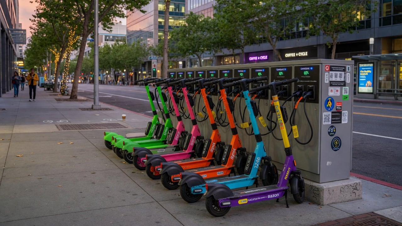 A row of brightly colored shared e-scooters lined up on a city sidewalk charging cabinet, each connected to a smart charger with cables visible