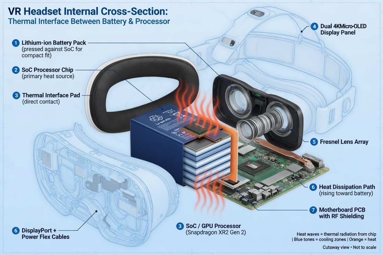 Cutaway diagram showing a VR headset's lithium-ion battery pressed against the hot processor chip