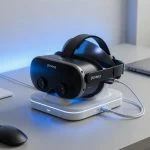 Meta Quest 3 style VR headset resting on a USB-C charging dock
