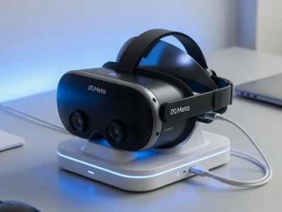 Meta Quest 3 style VR headset resting on a USB-C charging dock