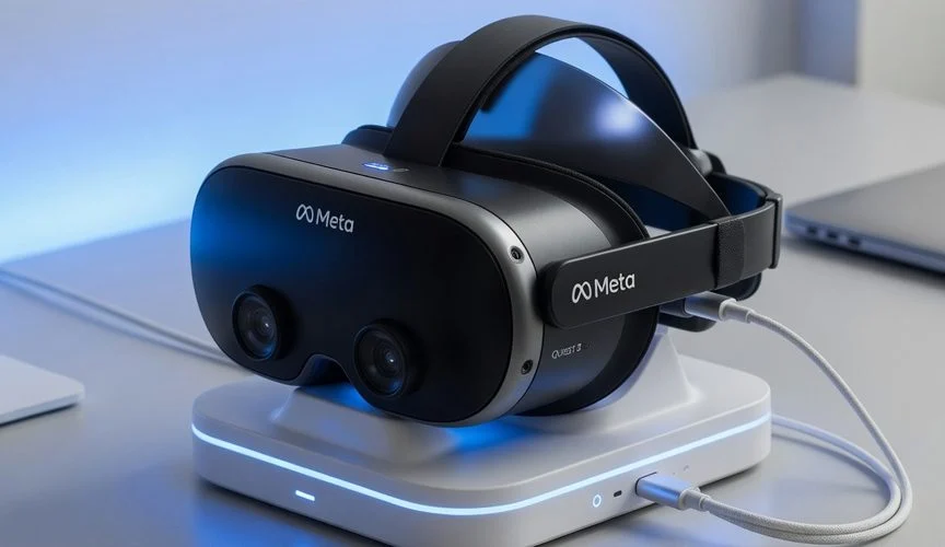 Meta Quest 3 style VR headset resting on a USB-C charging dock
